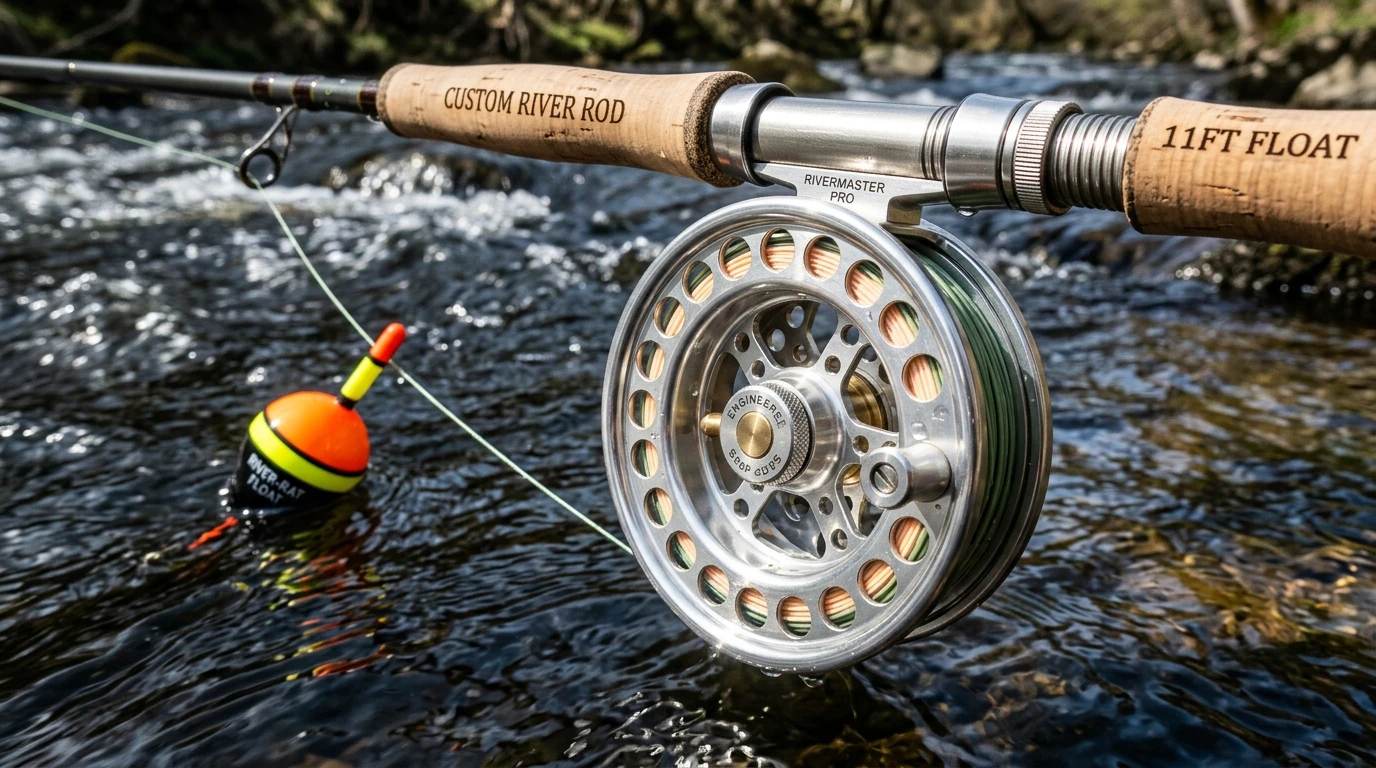 Machined aluminum centerpin float fishing reel mounted on an 11-foot custom river rod in moving current