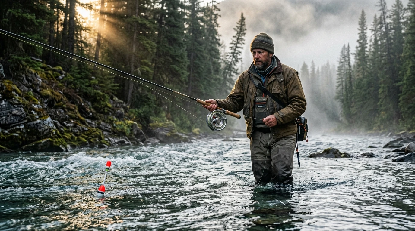 River angler wading in a misty alpine river holding a precision centerpin float rod with river trotting tackle